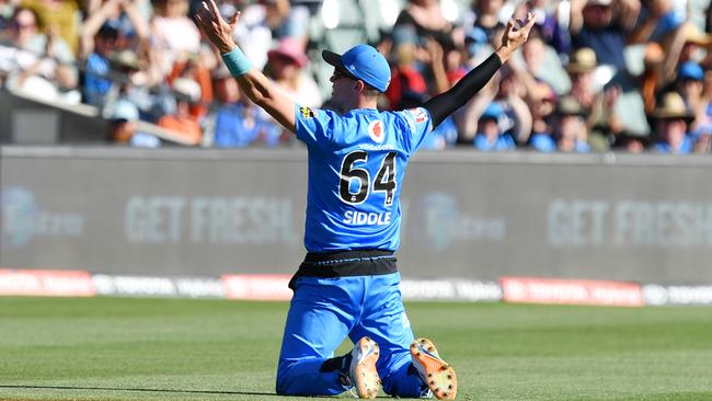 Peter Siddle of the Adelaide Strikers celebrates the dismissal of Mohammad Nabi of the Melbourne Renegades during the Big Bash League (BBL)cricket match between the Adelaide Strikers and the Melbourne Renegades at Adelaide Oval in Adelaide, Sunday, January 12, 2020. (AAP Image/David Mariuz) NO ARCHIVING, EDITORIAL USE ONLY, IMAGES TO BE USED FOR NEWS REPORTING PURPOSES ONLY, NO COMMERCIAL USE WHATSOEVER, NO USE IN BOOKS WITHOUT PRIOR WRITTEN CONSENT FROM AAP