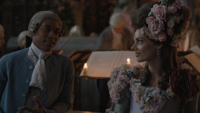 Kelvin Harrison Jr. and Samara Weaving in a scene from Chevalier.