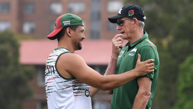 Wayne Bennett (right) chats with Cody Walker (left) at Redfern Oval. 