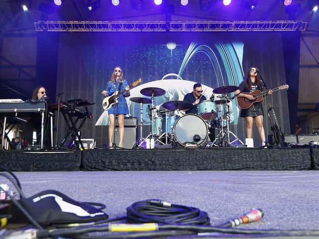 Falls Festival Day 3 at Marion Bay, New Years Eve. Sisters Johanna Enskede, left, and Klara Enskede, of Swedish band First Aid Kit, on stage. PICTURE: MATT THOMPSON
