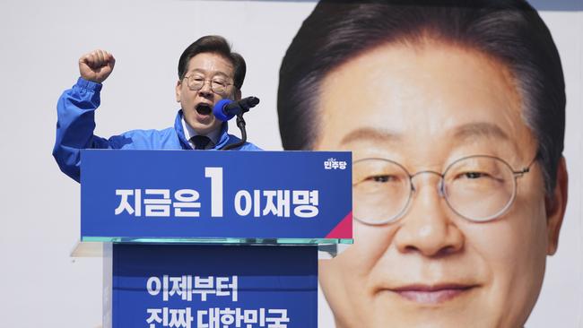 Lee Jae-myung, presidential candidate of the Democratic Party, campaigning in Seoul on Monday. Picture: AP