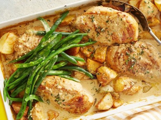 Creamy French chicken tray bake.