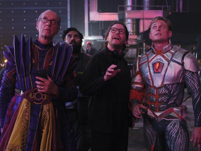 Richard E. Grant, Himesh Patel, Daniel Bruhl and Billy Magnussen in the superhero satire The Franchise.