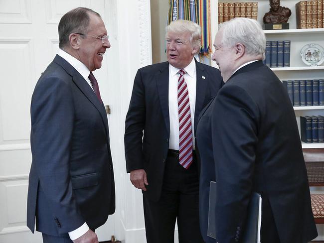 Donald Trump met with Russian Foreign Minister, Sergey Lavrov, left, and the Russian Ambassador to the US, Sergei Kislyak, at the White House in May. Picture: Russian Foreign Ministry Photo via AP