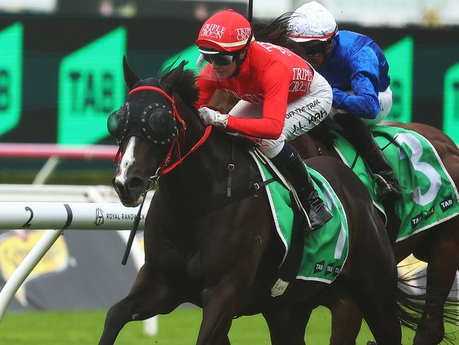 SYDNEY, AUSTRALIA - APRIL 20: Jamie Kah riding Mazu wins Race 5 Hall Mark Stakes during Sydney Racing at Royal Randwick Racecourse on April 20, 2024 in Sydney, Australia. (Photo by Jeremy Ng/Getty Images)