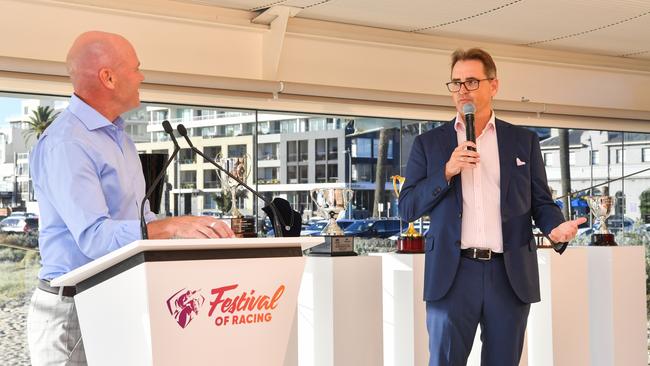 Jason Richardson with Racing Victoria CEO Andrew Jones at The Festival of Racing Launch at Port Melbourne Yacht Club.