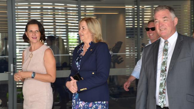 Townsville Enterprise CEO Claudia Brumme-Smith, Annastacia Palaszczuk and Scott Stewart walk into the event at The Ville on Tuesday.