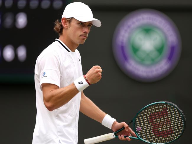 Alex de Minaur celebrates during his win over Arthur Fils. Picture: Getty Images