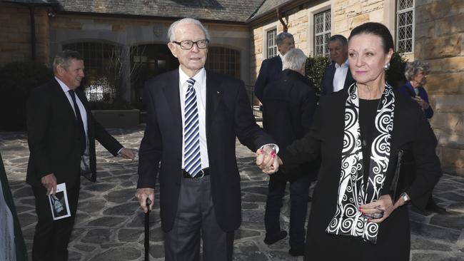 Former Nine newsreader Brian Henderson, with his wife Mardi, after the funeral for television industry giant Sam Chisholm. Picture: Chris Pavlich