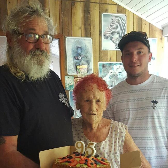 Dottie Darwen celebrating her 90th birthday with Allan and Shaun Bennie. Picture: Supplied