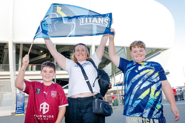 Coby Meredith witrh Shelley and Preston Brannigan-Harmer turning out for Round 1 Gold Coast Titans V Dragons is Picture: Glenn Campbell