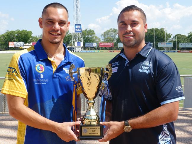 Wanderers captain Braedon McLean and Buffaloes skipper Jarrod Stokes with the Nungalinya Cup ahead of the Round 7 clash at TIO Stadium on Saturday night. Picture: AFLNT Media