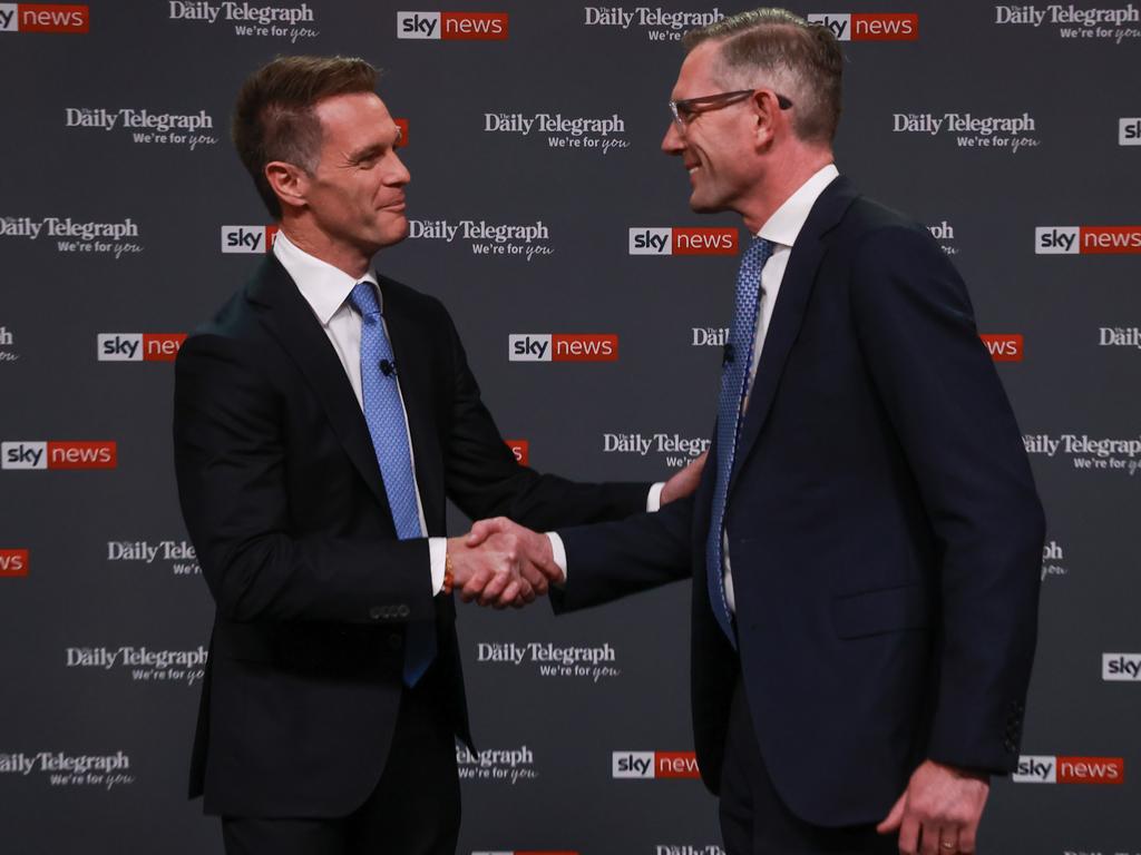 NSW Premier Dominic Perrottet (right) and Opposition Leader Chris Minns before the Sky News People’s Forum on Wednesday night. Picture: Justin Lloyd