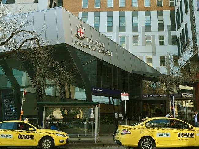 A police officer was shot this morning in Moonee Ponds and has been taken to the Royal Melbourne Hospital.  The Royal Melbourne hospital sign. Entrance. exterior.