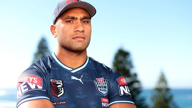 SYDNEY, AUSTRALIA - MAY 22: Tevita Pangai Junior of the Blues poses during a NSW Blues State of Origin Media Opportunity at the Crowne Plaza, Coogee on May 22, 2023 in Sydney, Australia. (Photo by Mark Kolbe/Getty Images)