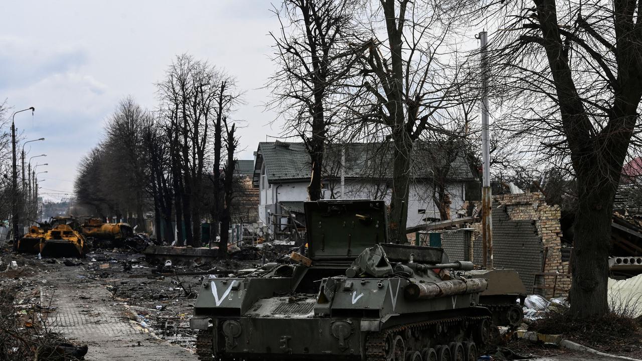 Destroyed Russian armored vehicles in the city of Bucha, west of Kyiv. Picture: AFP