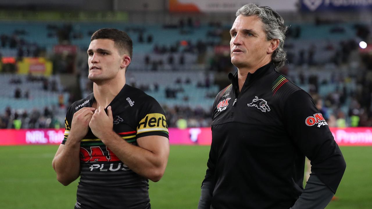 SYDNEY, AUSTRALIA - OCTOBER 25: Nathan Cleary of the Panthers and Panthers coach Ivan Cleary look on following the 2020 NRL Grand Final match between the Penrith Panthers and the Melbourne Storm at ANZ Stadium on October 25, 2020 in Sydney, Australia. (Photo by Cameron Spencer/Getty Images)