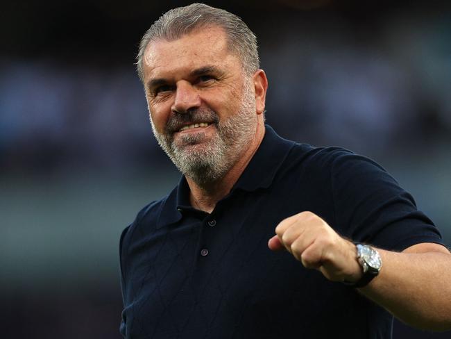 Tottenham Hotspur's Greek-Australian Head Coach Ange Postecoglou celebrates at the end of the English Premier League football match between Tottenham Hotspur and Manchester United at Tottenham Hotspur Stadium in London, on August 19, 2023. (Photo by Adrian DENNIS / AFP) / RESTRICTED TO EDITORIAL USE. No use with unauthorized audio, video, data, fixture lists, club/league logos or 'live' services. Online in-match use limited to 120 images. An additional 40 images may be used in extra time. No video emulation. Social media in-match use limited to 120 images. An additional 40 images may be used in extra time. No use in betting publications, games or single club/league/player publications. /