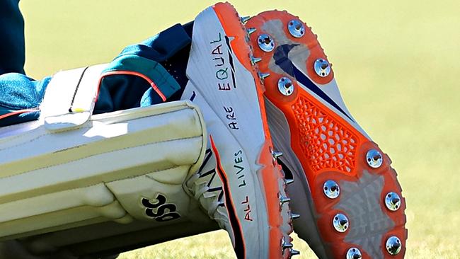 Usman Khawaja’s shoes carry a message. Picture: Paul Kane/Getty Images