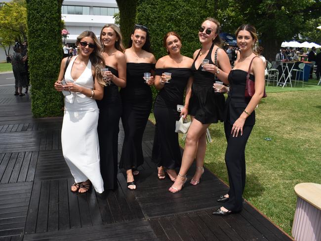 Guests in striking racewear at Penfolds Derby Day at the Flemington Racecourse on Saturday, November 02, 2024: Lauren, Zara, Emily, Beth, Holly and Jess. Picture: Jack Colantuono