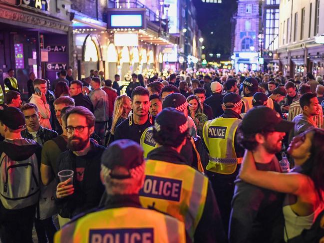 Police in London’s Soho on Super Saturday in July when pubs opened for the first time since lockdown. Picture: Peter Summers/Getty Images.