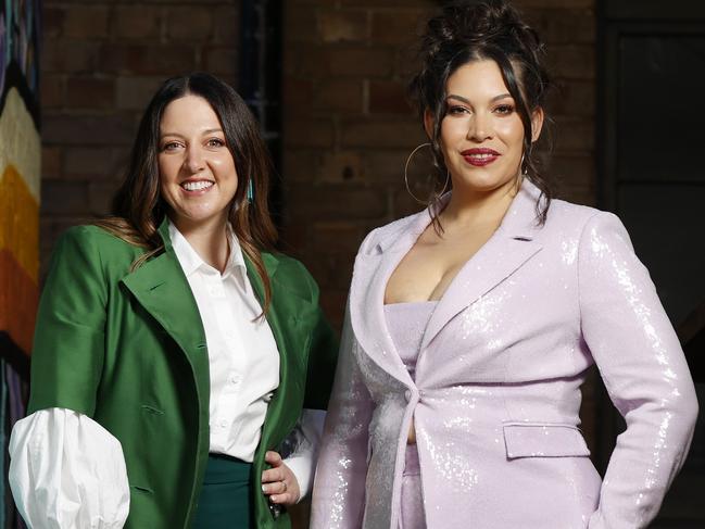 DAILY TELEGRAPH MAY 10, 2023. Women of Soul is a group of all Aussie female singers. Members Chelsea Wilson and Candice Monique (right) pictured in Ultimo speak about the importance of empowering women in the industry. Currently in Australia, only 20% of APRA AMCOS songwriter members are women, with only 15% of annual royalties going to female writers. Picture: Jonathan Ng