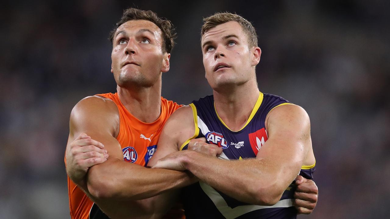 Preuss (L) competing with Fremantle’s Sean Darcy. Picture: Will Russell/AFL Photos via Getty Images