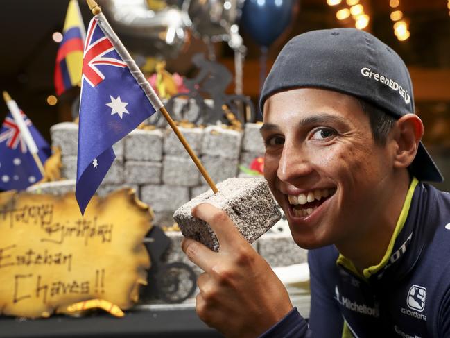 16/1/17 Orica-Scott cyclist Esteban Chaves with his birthday cake at the Hilton Hotel. Picture by Matt Turner.
