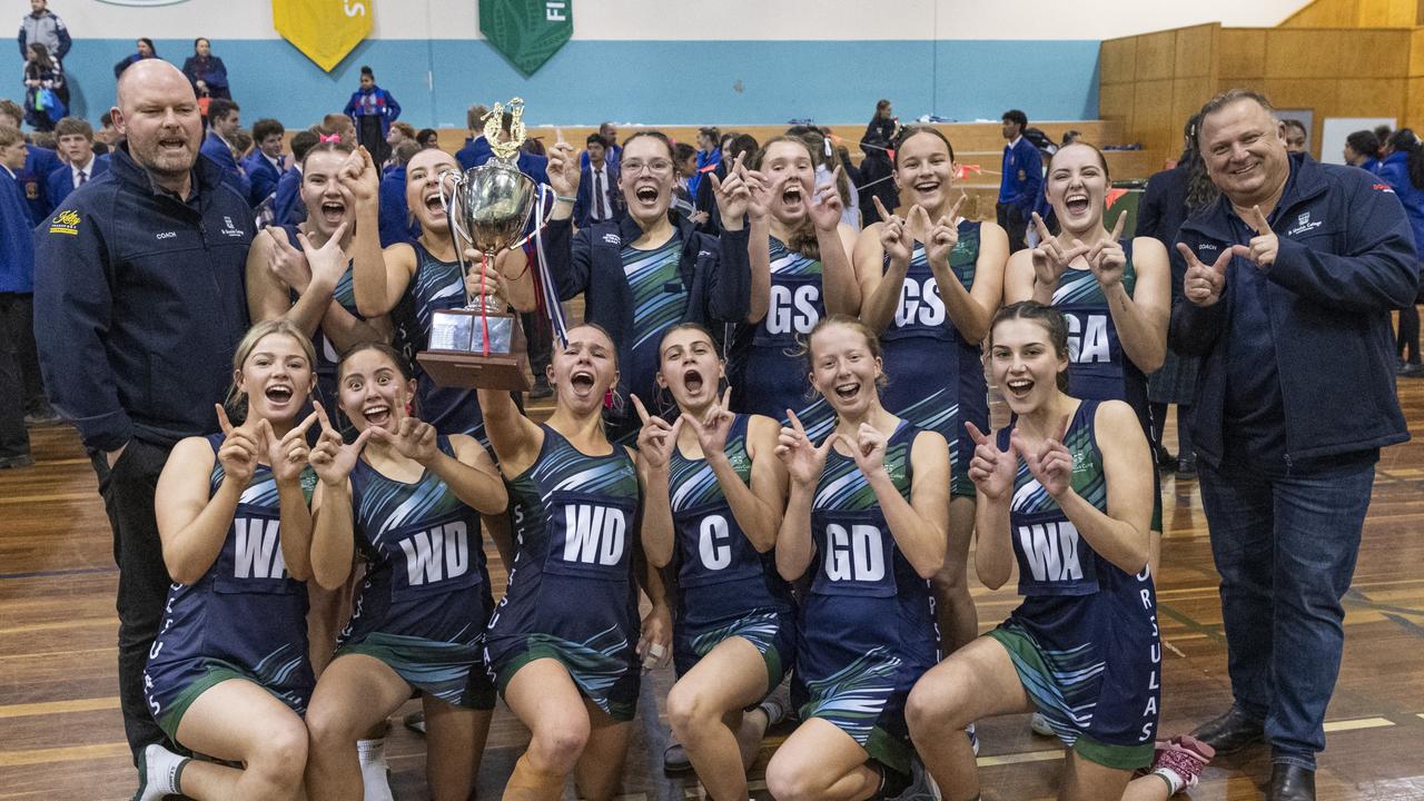 St Ursula's Senior A team lift the Merici-Chevalier Cup after defeating Downlands First VII in netball at Salo Centre, Friday, July 19, 2024. Picture: Kevin Farmer