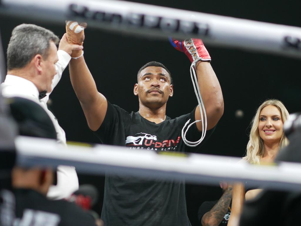 Jermaine Pangai def Nepote Dawadawa by first-round TKO at the Battle of the Reef fight night at the Townsville Entertainment and Convention centre, October 7 2023. Picture: Blair Jackson.