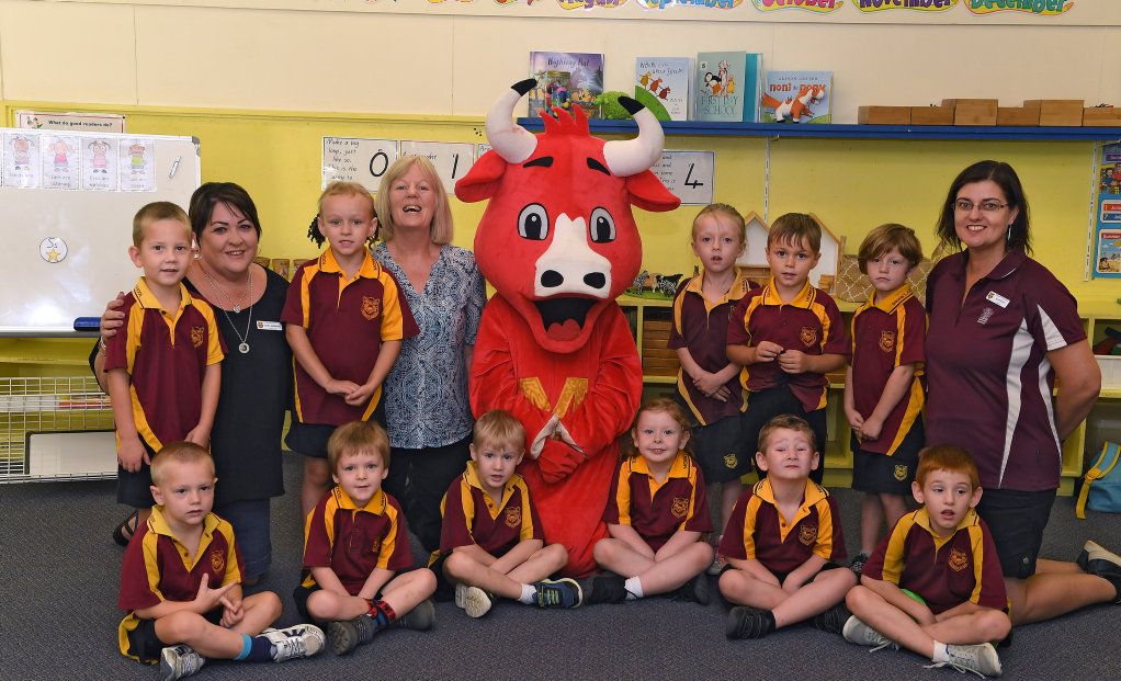 MONKLAND PREP: (From left) Jackson Preston, teacher aide Shirl Bembrick, Zeva Green, teacher Debbie McCarthy, school mascot Te Bone, Maddie, Cooper Pollock, Serena Leis, teacher Su Foster, Toby Nielsen, David, Kevin Lever, Lelu, Chase Ross, Emmett. Picture: Renee Albrecht