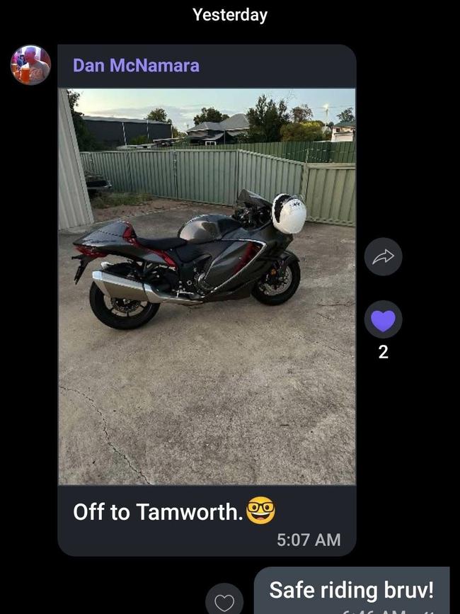 Motorbike rider Daniel McNamara, 52, who was hit and killed by teens in a stolen Ute near Gunnedah. This is the final messages the motorbike rider sent to his brothers that morning.