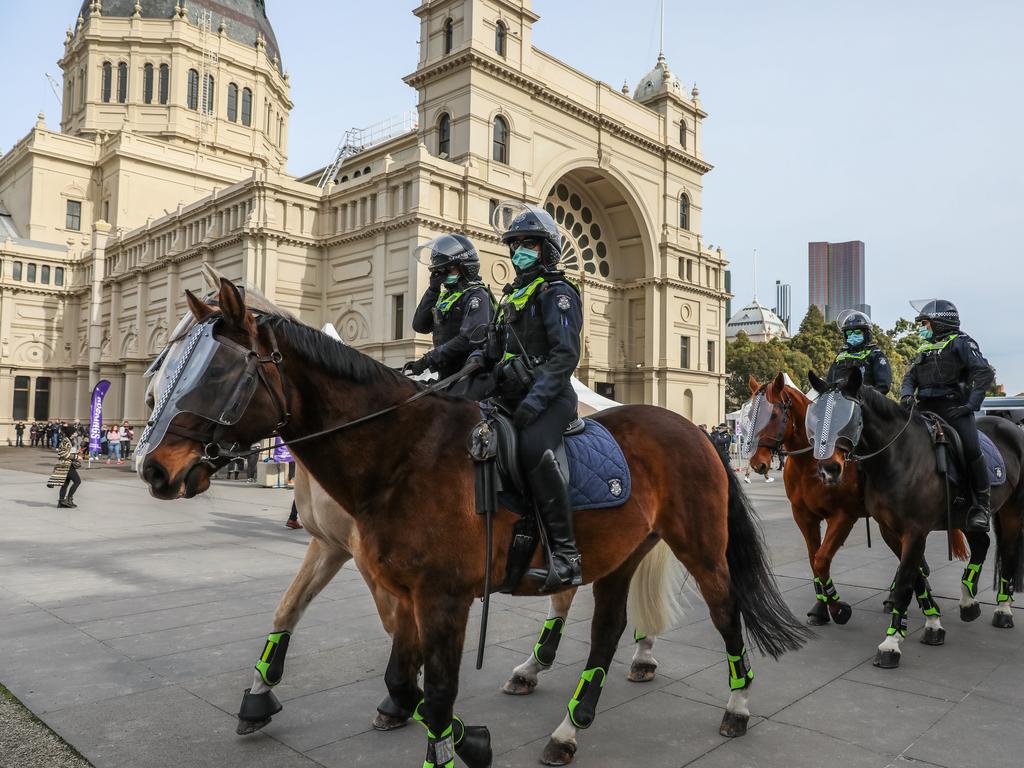 Police mounted on horseback patrolling in the lead up to a planned protest in Melbourne on Saturday. Picture: Asanka Ratnayake / Getty Images