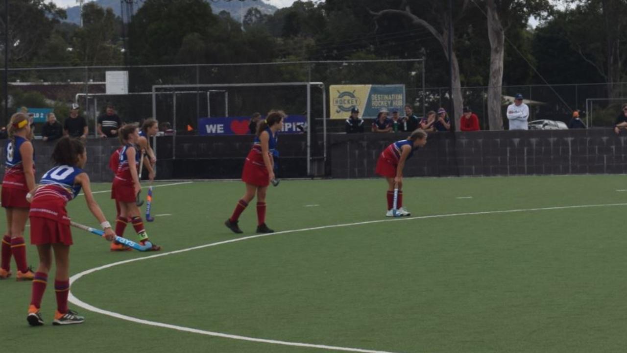 Gympie hosted the 2021 Under 13 Girls State hockey championships over the last four days, with Brisbane teams taking out two of the three division titles. Brisbane 1 prepare to attack from a corner. Pictures: Josh Preston
