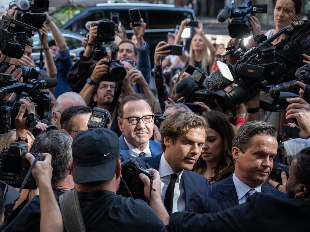 Kevin Spacey faces a media scrum outside a London court in June. Picture: Getty Images