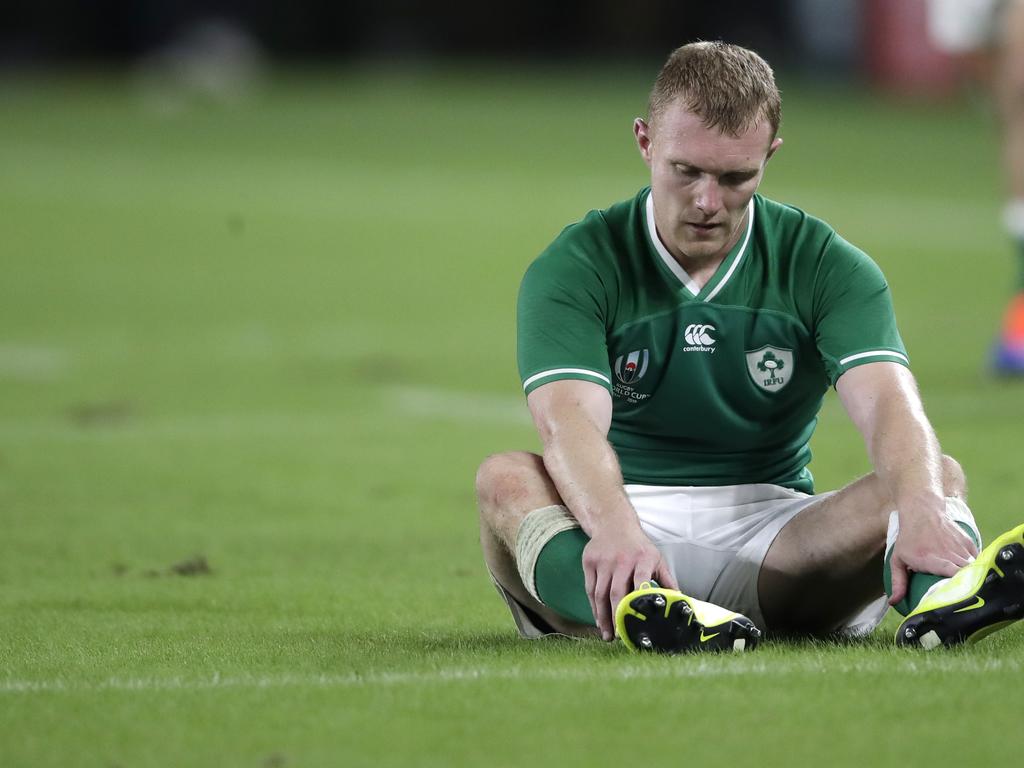 Ireland's Keith Earls reacts following his teams 19-12 loss in the Rugby World Cup.