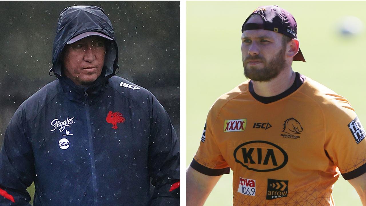 Roosters coach Trent Robinson and Broncos prop Matt Lodge.