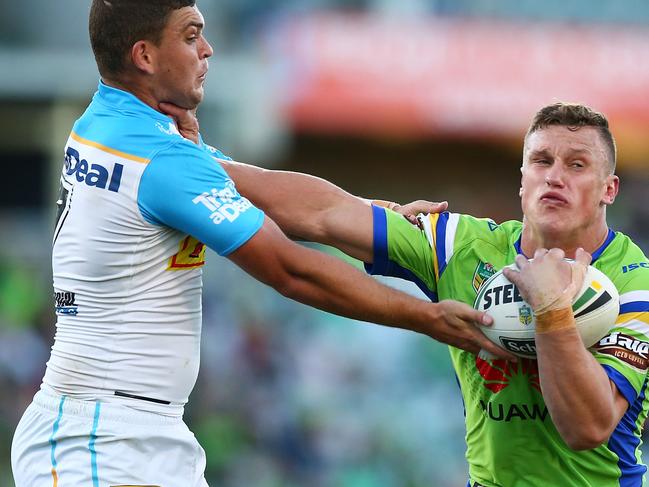 CANBERRA, AUSTRALIA - MAY 05:  Jack Wighton of the Raiders palms off the defence during the round nine NRL match between the Canberra Raiders and the Gold Coast Titans at GIO Stadium on May 5, 2018 in Canberra, Australia.  (Photo by Mark Nolan/Getty Images)