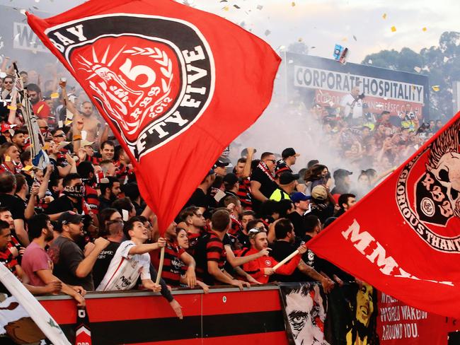 The RBB celebrate a Wanderers goal during the Western Sydney Wanderers v Sydney FC A League game at Pirtek Stadium, Parramatta. pic Mark Evans