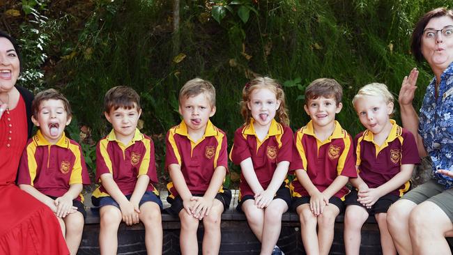 MY FIRST YEAR: Funny Faces. Monkland State School Preps, Gympie. (LtoR) Teacher aide Shirl Bembrick, Buddy Colbourn, Oliver Hussie, Jonty Bailey, Tayla Bailey, Archie Negus, Braxton Russell and Teacher Su Foster. Picture: Patrick Woods.