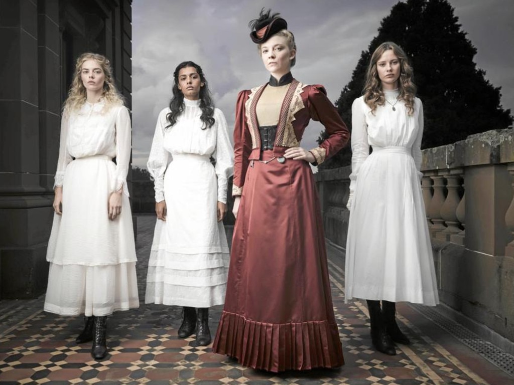 ‘What happened and who’s guilty?’ ... Samara Weaving, Madeleine Madden, Natalie Dormer and Lily Sullivan in a scene from Foxtel’s adaptation of Picnic at Hanging Rock.