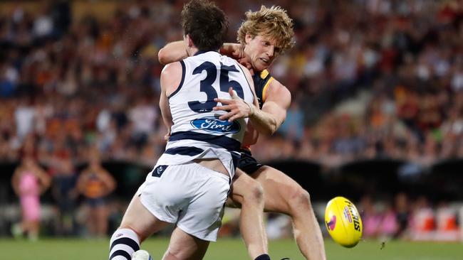 Rory Sloane and Patrick Dangerfield collide. Picture: Micahel Willson/AFL Media