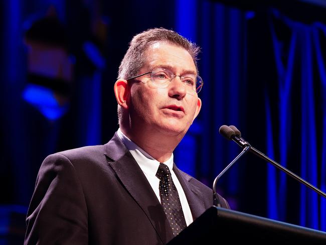 Ian Jacobs President & Vice-Chancellor, UNSW Sydney, speaking at 483 George St. Where UNSW and Sydney City held  a memorial for Professor David Cooper today,Thursday June 14, 2018 (AAP Image/Monique Harmer)