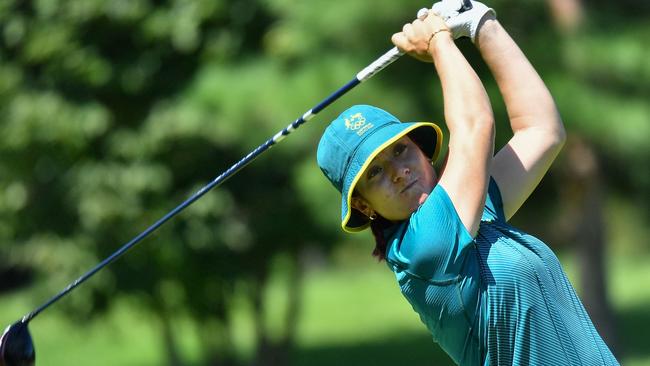 Australia's Hannah Green watches her drive from the 5th tee. Picture: Kazuhiro Nogi/AFP