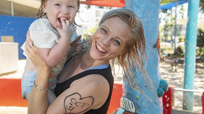 Cairns mum Alaina Sommerfeld with daughter Aleah Parker (20 months) at Muddies playground. Picture: Brian Cassey