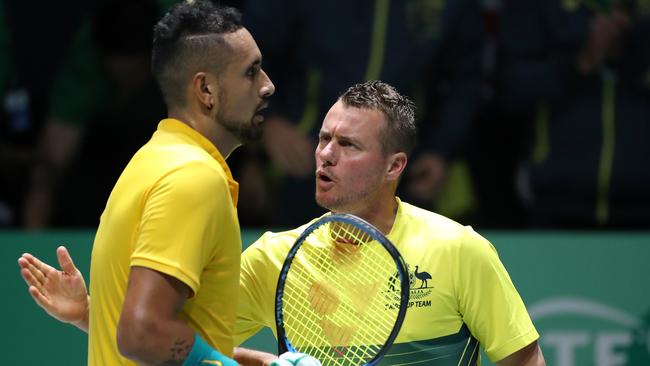 MADRID, SPAIN - NOVEMBER 19: Lleyton Hewitt, Captain of Australia talks to Nick Kyrgios of Australia during Day 2 of the 2019 Davis Cup at La Caja Magica on November 19, 2019 in Madrid, Spain. (Photo by Alex Pantling/Getty Images)