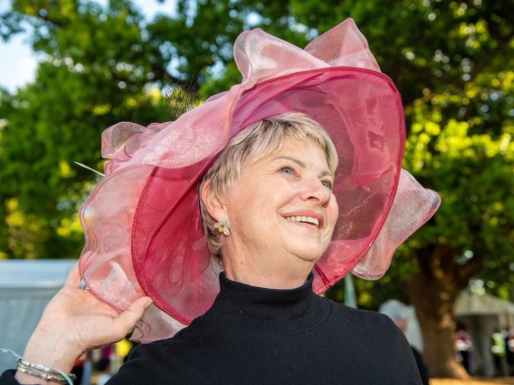 Sporting an incredible carnival hat is Wendy Beaulieu at the Toowoomba Carnival of Flowers Festival of Food and Wine, Sunday, September 15, 2024. Picture: Bev Lacey