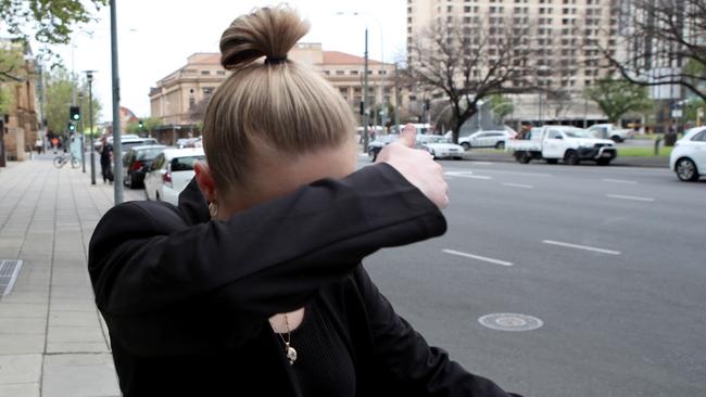 Shiona Platt outside the Adelaide Magistrates Court on charges of causing harm and serious harm by dangerous driving. Picture: NCA NewsWire / Kelly Barnes