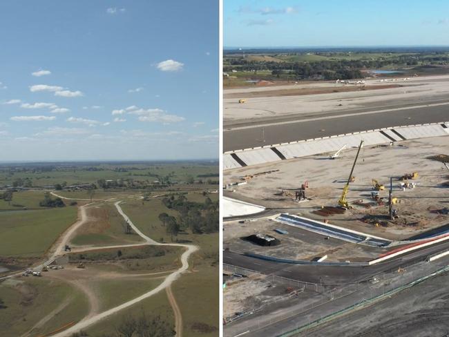 Before and after shot of the Western Sydney Airport construction site.