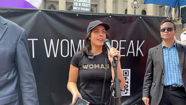 Protest groups face off in front of the Victorian Parliament where UK far-right activist Kellie-Jay Keen and MP Moira Deeming made speeches to protesters. Picture: YouTube